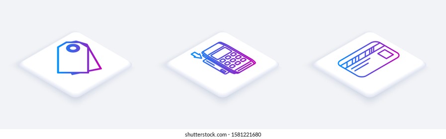 Set Isometric line Blank label template price tag, Pos terminal with inserted credit card and Credit card. White square button. Vector