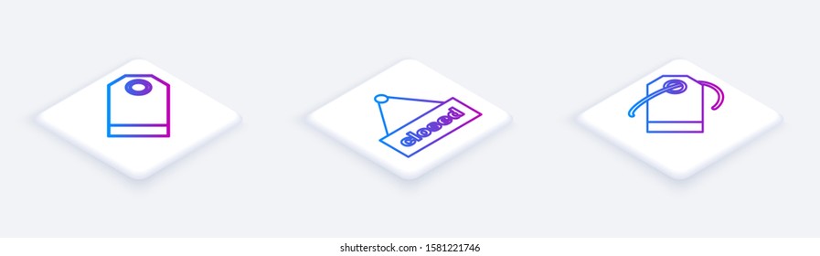 Set Isometric line Blank label template price tag, Hanging sign with text Closed and Blank label template price tag. White square button. Vector