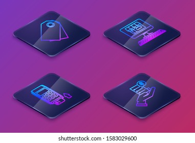Set Isometric line Blank label template price tag, Pos terminal with inserted credit card, Shopping building on screen computer and Human hand holding with blank receipt or bill for payment. Vector