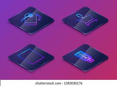 Set Isometric line Blank label template price tag, Paper shopping bag, Add to Shopping cart and POS terminal with printed reciept and confirms the payment by smartphone. Blue square button. Vector