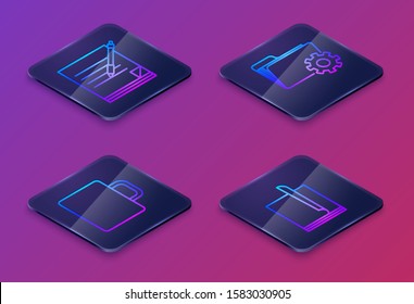 Set Isometric line Blank notebook and pen, Coffee cup, Folder settings with gears and File document. Blue square button. Vector