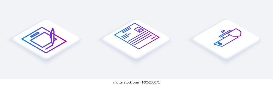Set Isometric line Blank notebook and pen, Personal document and Ship with shield. White square button. Vector