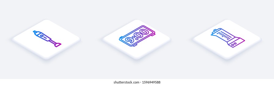 Set Isometric line Blender , Digital alarm clock  and Blender . White square button. Vector