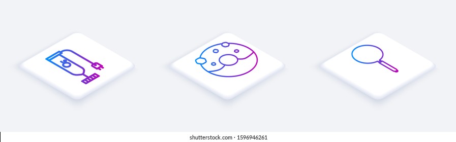 Set Isometric line Blender , Donut with sweet glaze  and Frying pan . White square button. Vector