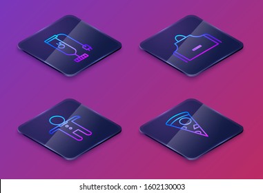 Set Isometric line Blender , Holiday gingerbread man cookie , Kitchen apron  and Slice of pizza . Blue square button. Vector