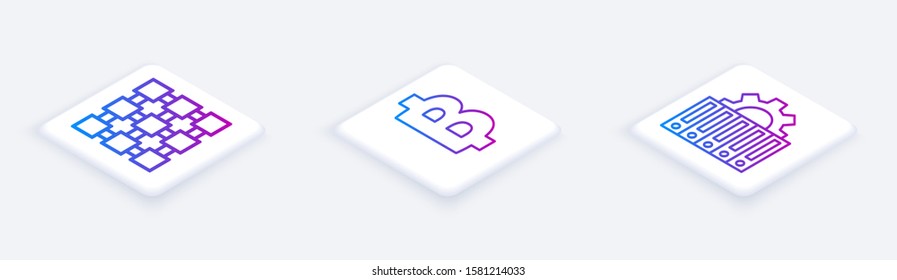 Set Isometric line Blockchain technology, Cryptocurrency coin Bitcoin and Server and gear. White square button. Vector