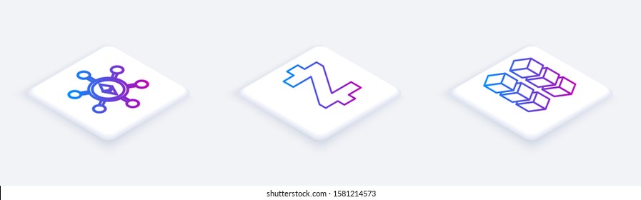 Set Isometric line Blockchain technology Ethereum ETH, Cryptocurrency coin Zcash ZEC and Blockchain technology. White square button. Vector