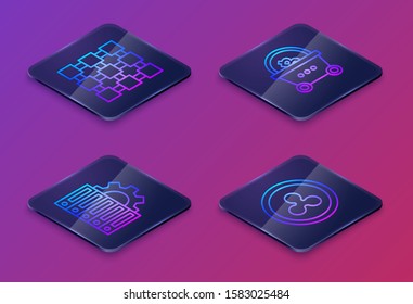 Set Isometric line Blockchain technology, Server and gear, Shopping basket with bitcoin and Cryptocurrency coin Ripple XRP. Blue square button. Vector