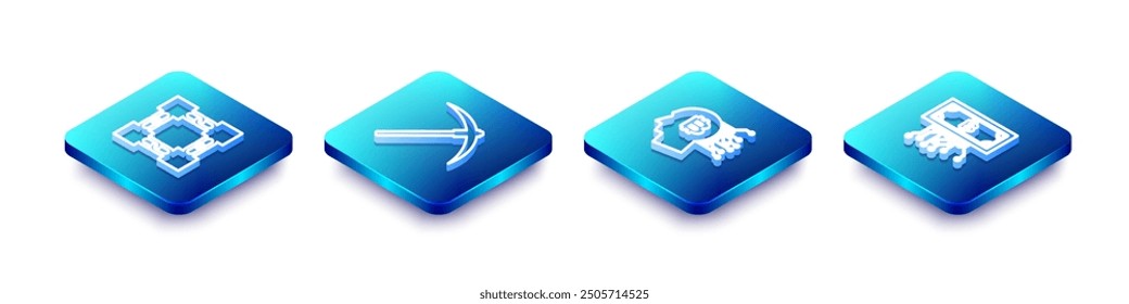 Set Isometric line Blockchain technology, Pickaxe, Bitcoin think and Cryptocurrency bitcoin with circuit icon. Vector