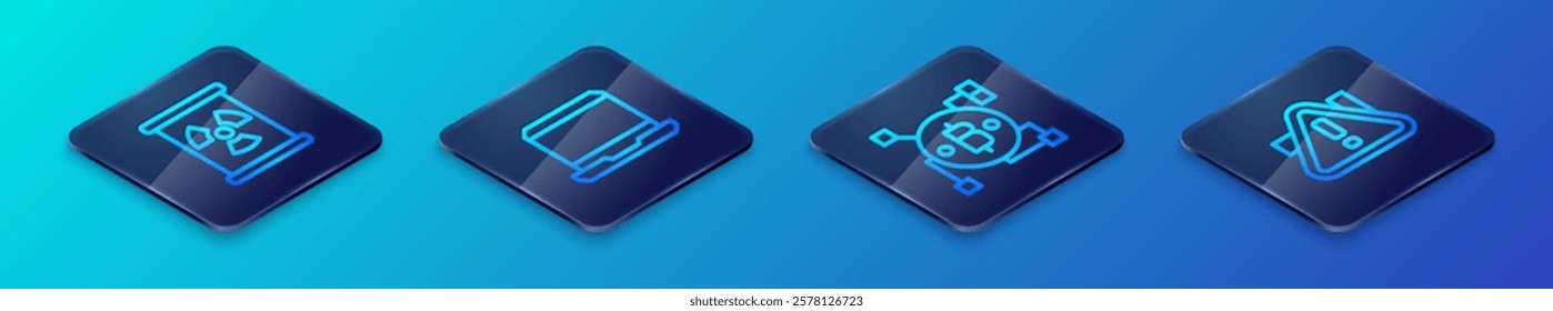 Set Isometric line Blockchain technology Bitcoin, Radioactive waste barrel, Exclamation mark triangle and Laptop icon. Vector