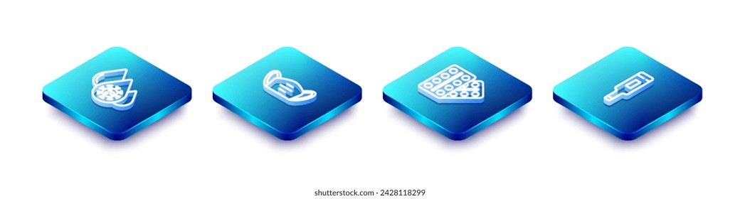 Set Isometric line Blood test and virus, Medical protective mask, Pills in blister pack and thermometer icon. Vector