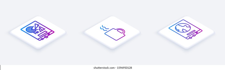 Set Isometric line Board with graph chart, Coffee cup and World map on a school blackboard. White square button. Vector