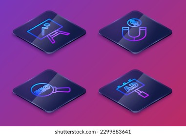 Set Isometric line Board with graph chart, SEO optimization, Magnet money and Advertising. Blue square button. Vector