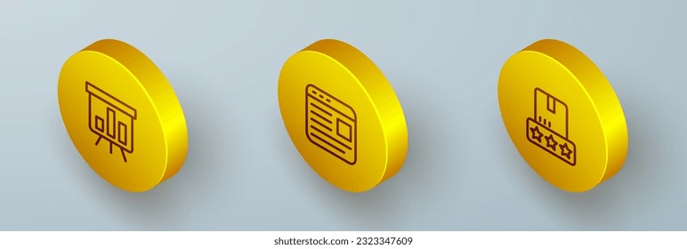 Set Isometric line Board with graph chart, Advertising and Consumer product rating icon. Vector