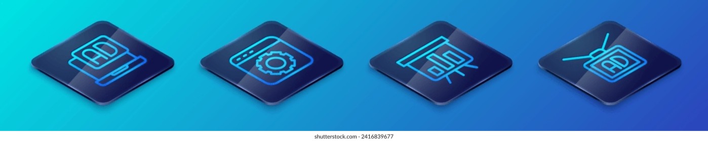 Set Isometric line Board with graph chart, Advertising,  and Browser setting icon. Vector