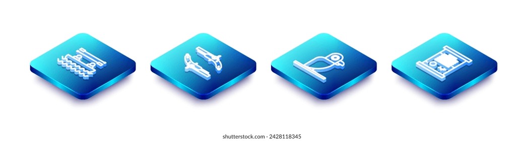 Conjunto de línea isométrica Barco con remos, pistolas vintage, loro pirata y decreto, pergamino, icono de desplazamiento. Vector