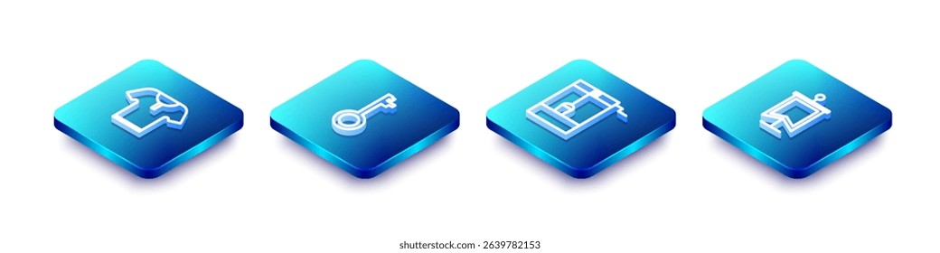 Set Isometric line Body armor, Old key, Well with bucket and Medieval flag icon. Vector