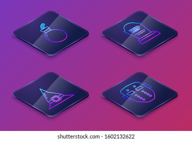 Set Isometric line Bomb ready to explode , Witch hat , Tombstone with RIP and Hockey mask . Blue square button. Vector