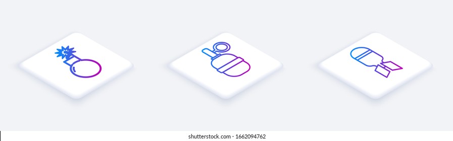 Set Isometric line Bomb ready to explode, Hand grenade and Aviation bomb. White square button. Vector