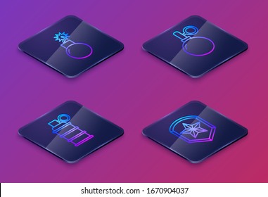 Set Isometric line Bomb ready to explode, Hand grenade, Hand grenade and Police badge. Blue square button. Vector