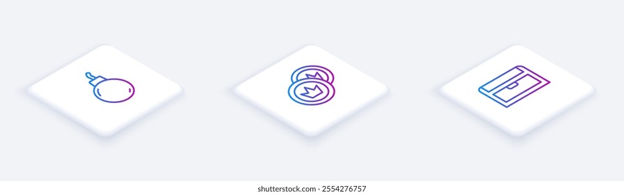 Set Isometric line Bomb ready to explode, Pirate coin and Antique treasure chest. White square button. Vector