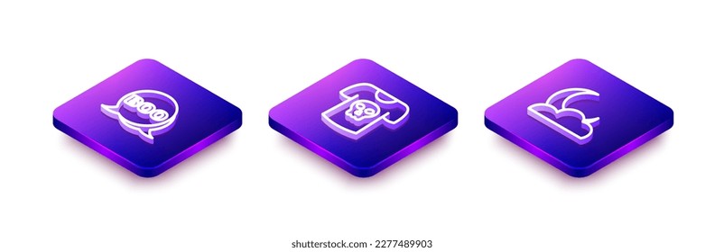 Set Isometric line Boo speech bubble, Shirt with skull and Moon and stars icon. Vector