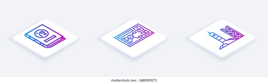 Set Isometric line Book por astronomía, interfaz de hud futurista y lanzamiento del cohete desde el puerto espacial. Botón cuadrado blanco. Vector