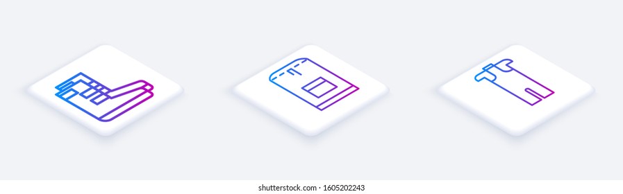 Set Isometric line Boots, Backpack and Wetsuit for scuba diving. White square button. Vector