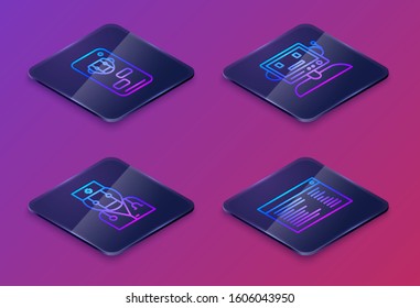 Set Isometric line Bot, Robot doctor, Robot and Software, web developer programming code. Blue square button. Vector