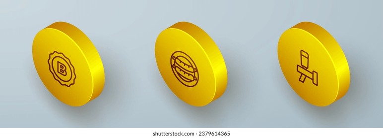 Set Isometric line Bottle cap, Sausage and Beer tap icon. Vector