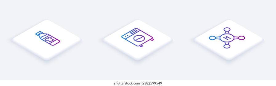Ajuste la línea isométrica Botella para el agente de limpieza, Lavadora y Grifo de agua. Botón cuadrado blanco. Vector