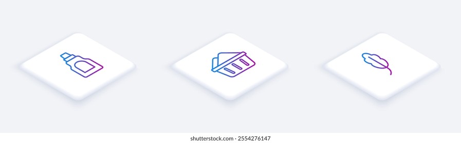 Set Isometric line Bottle for cleaning agent, Basin with soap suds and Feather. White square button. Vector