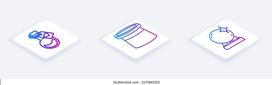 Set Isometric line Bottle with love potion, Magician hat and Magic ball. White square button. Vector