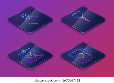 Set Isometric line Bottle with love potion, Envelope with Valentine heart, Balloons in form of heart and Coffee cup and heart. Blue square button. Vector