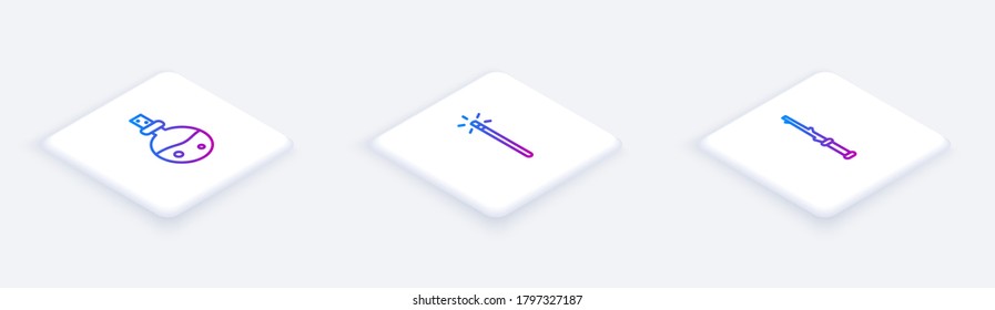 Set Isometric line Bottle with love potion, Magic wand and . White square button. Vector