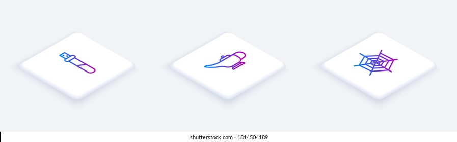 Set Isometric line Bottle with love potion, Magic lamp or Aladdin and Spider web. White square button. Vector