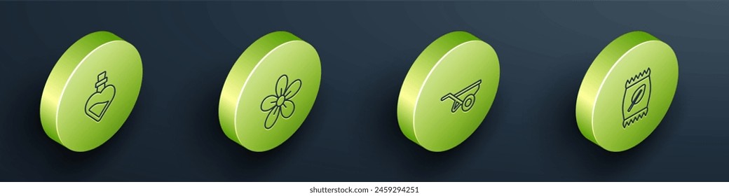 Set Isometric line Bottle with love potion, Flower, Wheelbarrow dirt and Fertilizer bag icon. Vector
