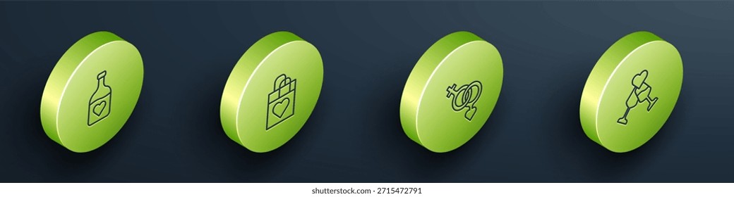 Botella isométrica de la línea del sistema con la poción del amor, corazón del bolso de compras, género y vidrio del icono del champán. Vector