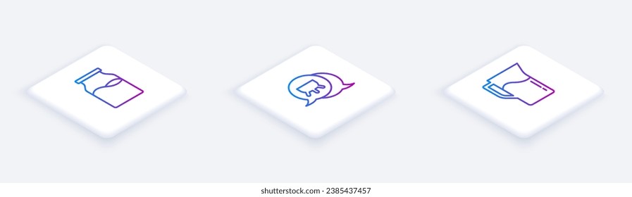 Set Isometric line Bottle with milk, Udder and Milk jug or pitcher. White square button. Vector