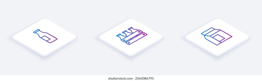 Set Isometric line Bottle with milk, Bottled in wooden box and Paper package for. White square button. Vector
