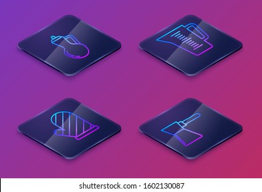 Set Isometric line Bottle of olive oil , Oven glove , Measuring cup and Coffee turk . Blue square button. Vector