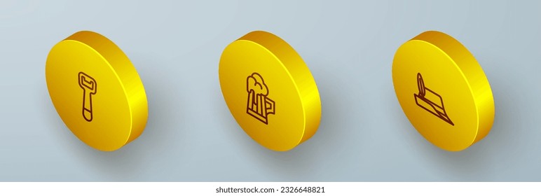 Set Isometric line Bottle opener, Wooden beer mug and Oktoberfest hat icon. Vector