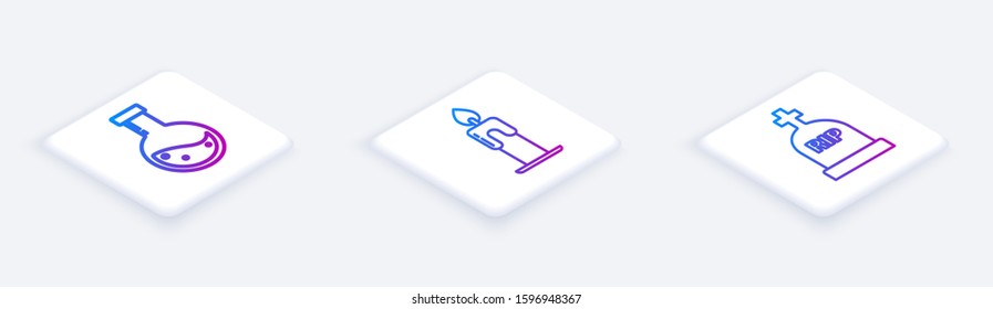 Set Isometric line Bottle with potion , Burning candle  and Tombstone with RIP. White square button. Vector