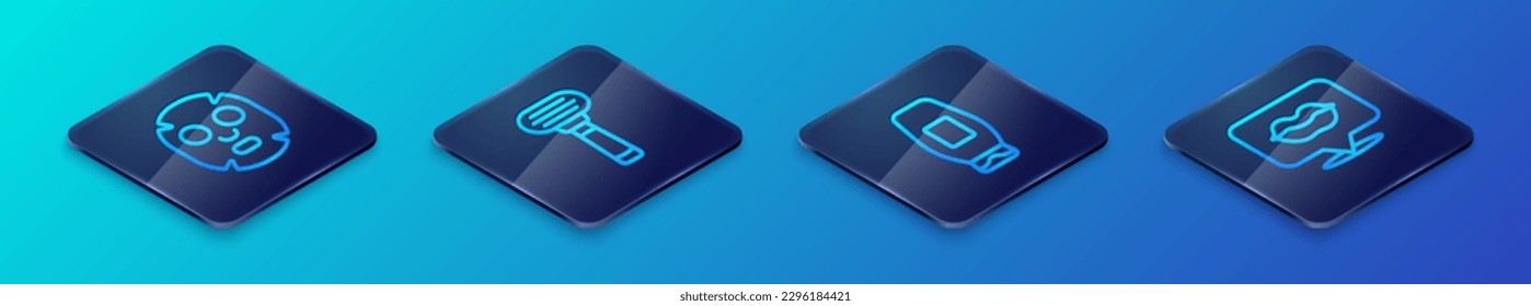 Set Isometric line Bottle of shampoo, Facial cosmetic mask, Smiling lips and Shaving razor icon. Vector