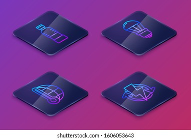 Set Isometric line Bottle of water, Meteorology thermometer measuring, LED light bulb and Recharging. Blue square button. Vector