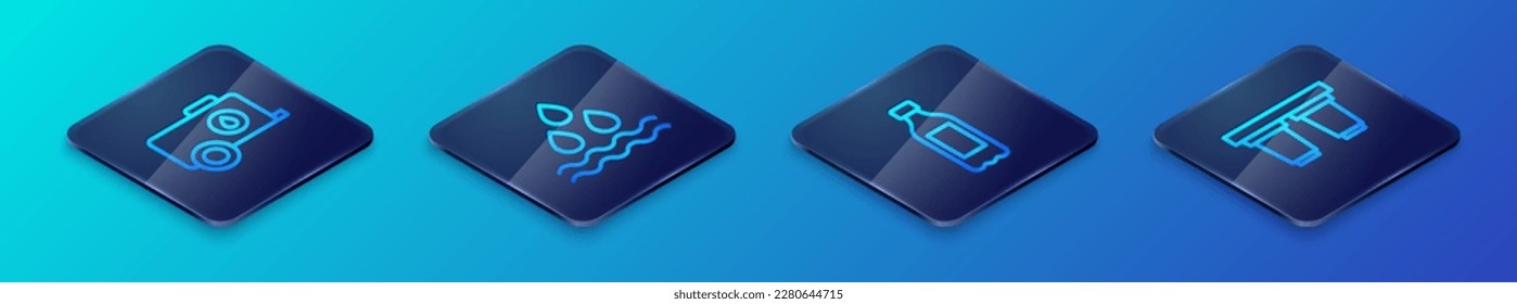 Set Isometric line Bottle of water, Mobile tank, Water filter cartridge and drop icon. Vector