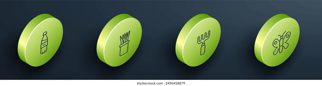 Set Isometric line Bottle of water, Plant in pot, Garden rake and Butterfly icon. Vector