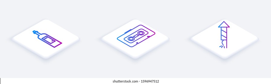 Set Isometric line Bottle of wine , Retro audio cassette tape  and Firework rocket . White square button. Vector