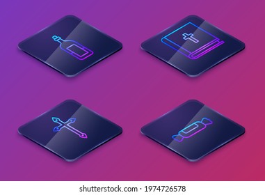 Set Isometric line Bottle of wine, Christian cross, Holy bible book and Candy. Blue square button. Vector