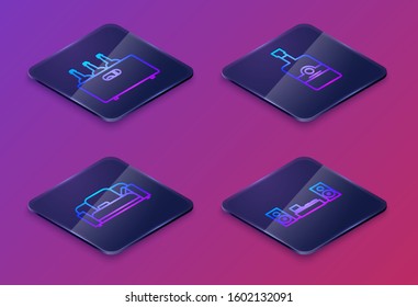 Set Isometric line Bottles of wine in a wooden box , Sofa , Whiskey bottle  and Home stereo with two speakers . Blue square button. Vector